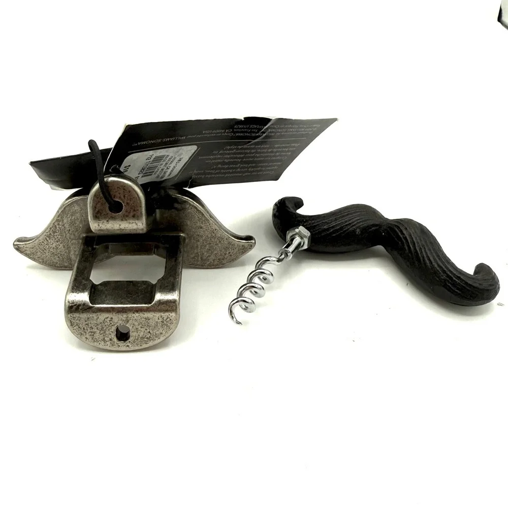 Williams Sonoma Mustache Bottle Opener & Corkscrew Set Silver Black NEW NWT